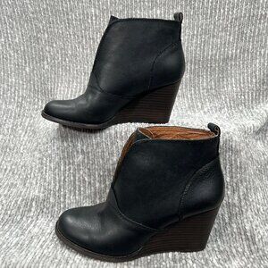 Lucky Brand Yinan Black Leather Stacked Wedge Ankle Boots Size 7.5